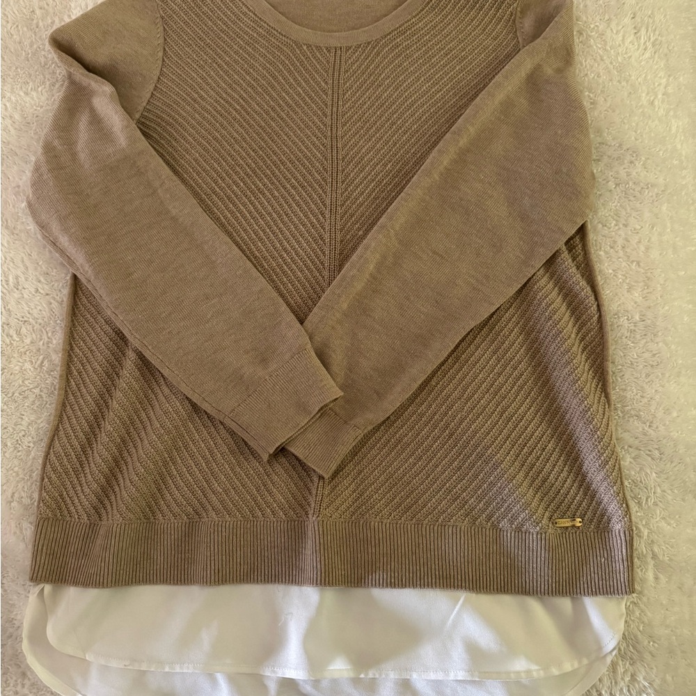 Calvin Klein Tan and White Crew Neck Sweater with Layered Design